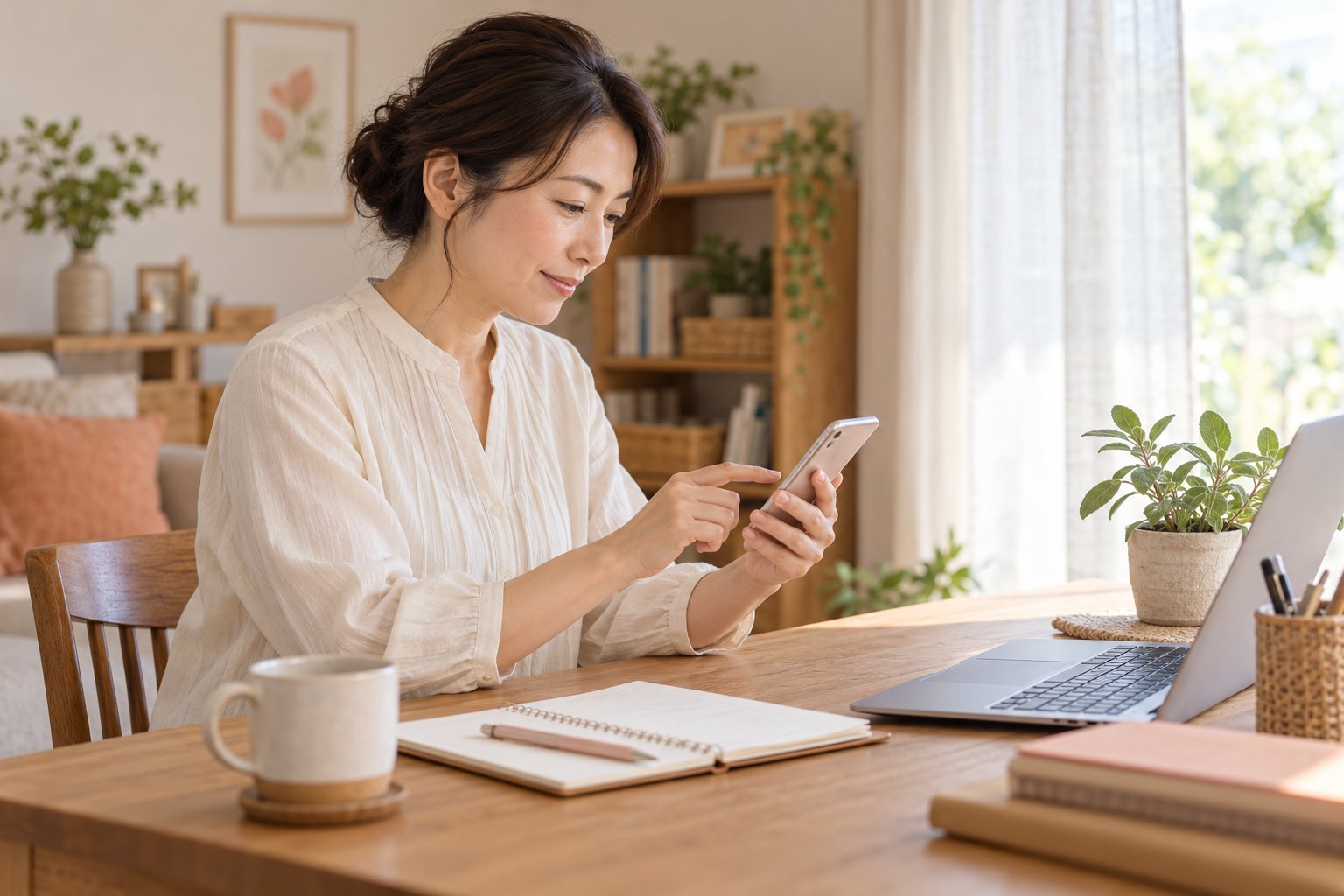 自宅でスマートフォンの基本操作を確認する人物のAI生成イメージ